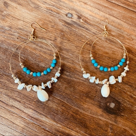 Shell Earrings in Turquoise/Gold/White NEW - Picture 2 of 3